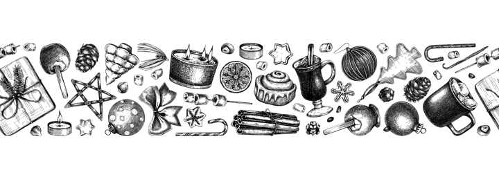 Christmas decoration - gifts, sweets, Christmas tree decor, candles, hot drinks and spices sketches. Vintage seamless ribbon for winter holiday. New Year background black and white.